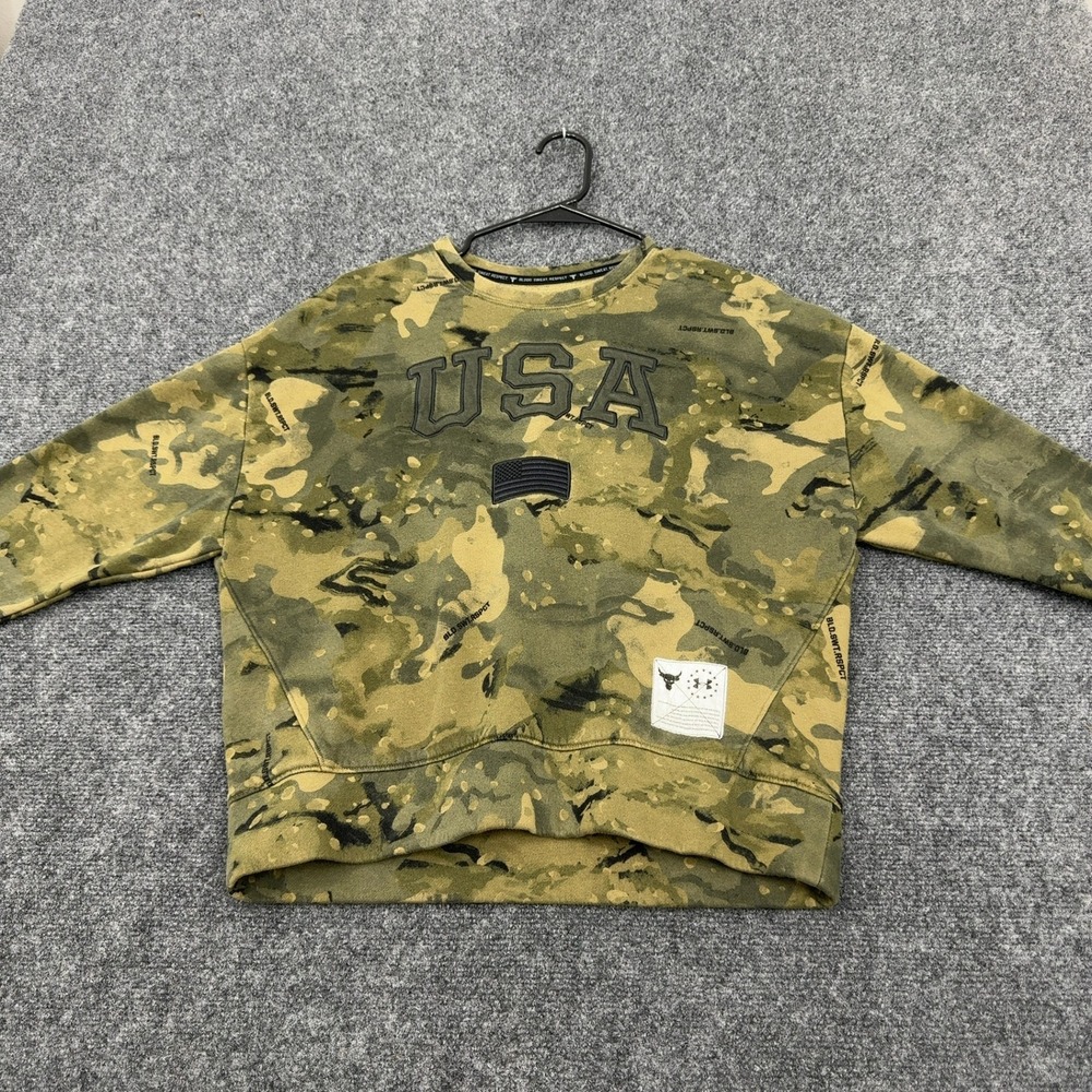 Project Rock Under Armour Sweatshirt Mens S Green Camo Cotton Blend USA Military